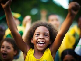 brésilien enfant fête le sien football équipes la victoire ai génératif photo