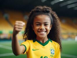 brésilien enfant fête le sien football équipes la victoire ai génératif photo