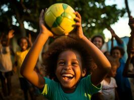 brésilien enfant fête le sien football équipes la victoire ai génératif photo