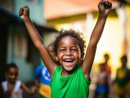 brésilien enfant fête le sien football équipes la victoire ai génératif photo