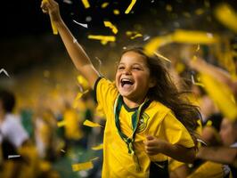 brésilien enfant fête le sien football équipes la victoire ai génératif photo