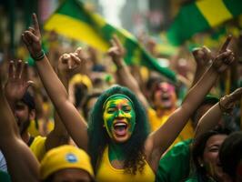 brésilien femme fête sa football équipes la victoire ai génératif photo