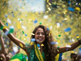 brésilien femme fête sa football équipes la victoire ai génératif photo