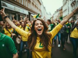 brésilien femme fête sa football équipes la victoire ai génératif photo