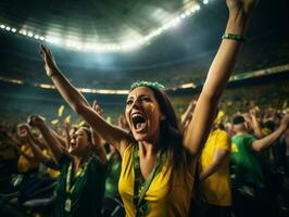 brésilien femme fête sa football équipes la victoire ai génératif photo