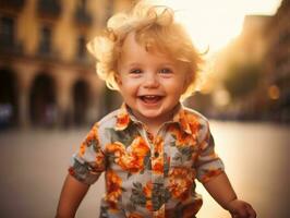 enfant jouit une tranquille promenade par le vibrant ville des rues ai génératif photo