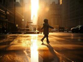 enfant jouit une tranquille promenade par le vibrant ville des rues ai génératif photo