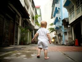 enfant jouit une tranquille promenade par le vibrant ville des rues ai génératif photo