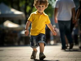 enfant jouit une tranquille promenade par le vibrant ville des rues ai génératif photo