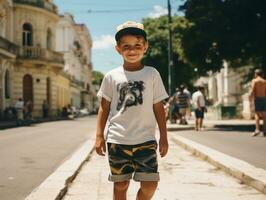 enfant jouit une tranquille promenade par le vibrant ville des rues ai génératif photo