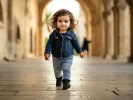 enfant jouit une tranquille promenade par le vibrant ville des rues ai génératif photo