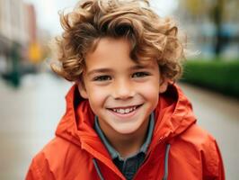 enfant jouit une tranquille promenade par le vibrant ville des rues ai génératif photo