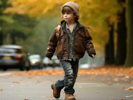 enfant jouit une tranquille promenade par le vibrant ville des rues ai génératif photo