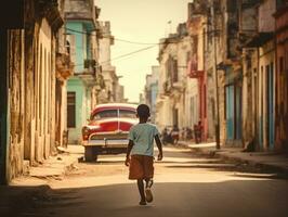 enfant jouit une tranquille promenade par le vibrant ville des rues ai génératif photo