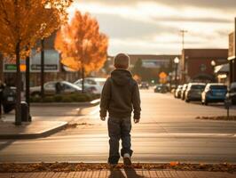 enfant jouit une tranquille promenade par le vibrant ville des rues ai génératif photo