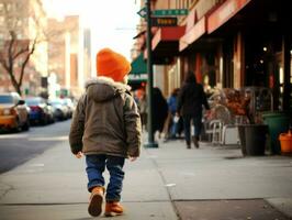 enfant jouit une tranquille promenade par le vibrant ville des rues ai génératif photo