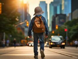 enfant jouit une tranquille promenade par le vibrant ville des rues ai génératif photo