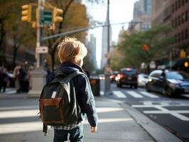 enfant jouit une tranquille promenade par le vibrant ville des rues ai génératif photo