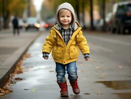 enfant jouit une tranquille promenade par le vibrant ville des rues ai génératif photo