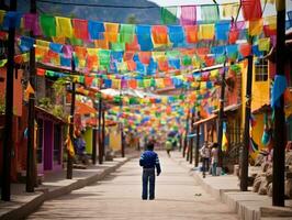 enfant jouit une tranquille promenade par le vibrant ville des rues ai génératif photo