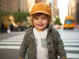 enfant jouit une tranquille promenade par le vibrant ville des rues ai génératif photo