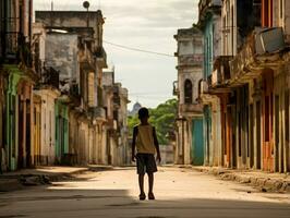 enfant jouit une tranquille promenade par le vibrant ville des rues ai génératif photo