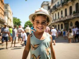 enfant jouit une tranquille promenade par le vibrant ville des rues ai génératif photo