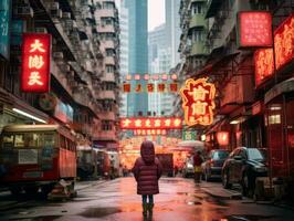 enfant jouit une tranquille promenade par le vibrant ville des rues ai génératif photo