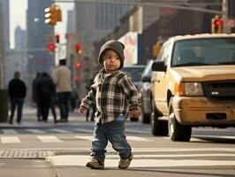 enfant jouit une tranquille promenade par le vibrant ville des rues ai génératif photo