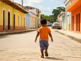 enfant jouit une tranquille promenade par le vibrant ville des rues ai génératif photo