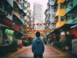 enfant jouit une tranquille promenade par le vibrant ville des rues ai génératif photo