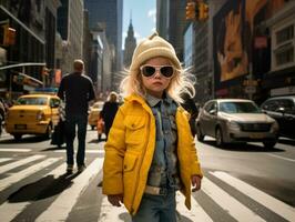 enfant jouit une tranquille promenade par le vibrant ville des rues ai génératif photo