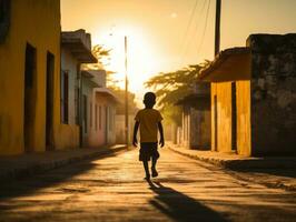 enfant jouit une tranquille promenade par le vibrant ville des rues ai génératif photo