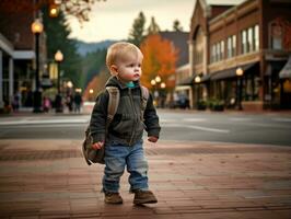 enfant jouit une tranquille promenade par le vibrant ville des rues ai génératif photo