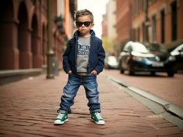 enfant jouit une tranquille promenade par le vibrant ville des rues ai génératif photo