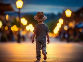 enfant jouit une tranquille promenade par le vibrant ville des rues ai génératif photo