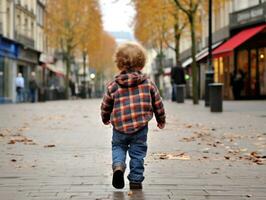 enfant jouit une tranquille promenade par le vibrant ville des rues ai génératif photo