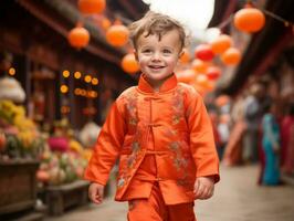 enfant jouit une tranquille promenade par le vibrant ville des rues ai génératif photo