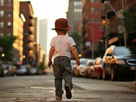 enfant jouit une tranquille promenade par le vibrant ville des rues ai génératif photo