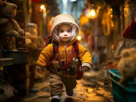 enfant jouit une tranquille promenade par le vibrant ville des rues ai génératif photo