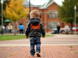 enfant jouit une tranquille promenade par le vibrant ville des rues ai génératif photo