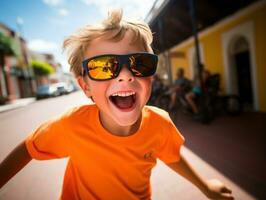 enfant jouit une tranquille promenade par le vibrant ville des rues ai génératif photo