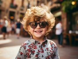 enfant jouit une tranquille promenade par le vibrant ville des rues ai génératif photo