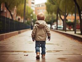 enfant jouit une tranquille promenade par le vibrant ville des rues ai génératif photo