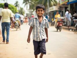 enfant jouit une tranquille promenade par le vibrant ville des rues ai génératif photo