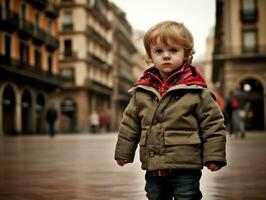 enfant jouit une tranquille promenade par le vibrant ville des rues ai génératif photo