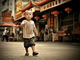 enfant jouit une tranquille promenade par le vibrant ville des rues ai génératif photo