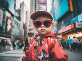 enfant jouit une tranquille promenade par le vibrant ville des rues ai génératif photo