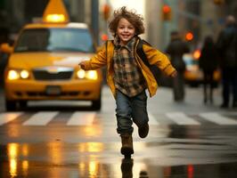 enfant jouit une tranquille promenade par le vibrant ville des rues ai génératif photo