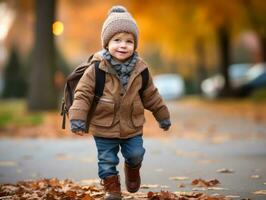 enfant jouit une tranquille promenade par le vibrant ville des rues ai génératif photo